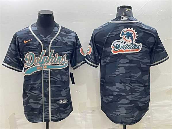 Mens Miami Dolphins Gray Camo Team Big Logo With Patch Cool Base Stitched Baseball Jersey